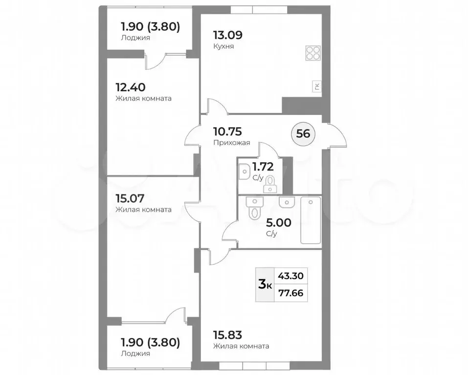 3-к. квартира, 77,7 м, 6/7 эт. - Фото 1