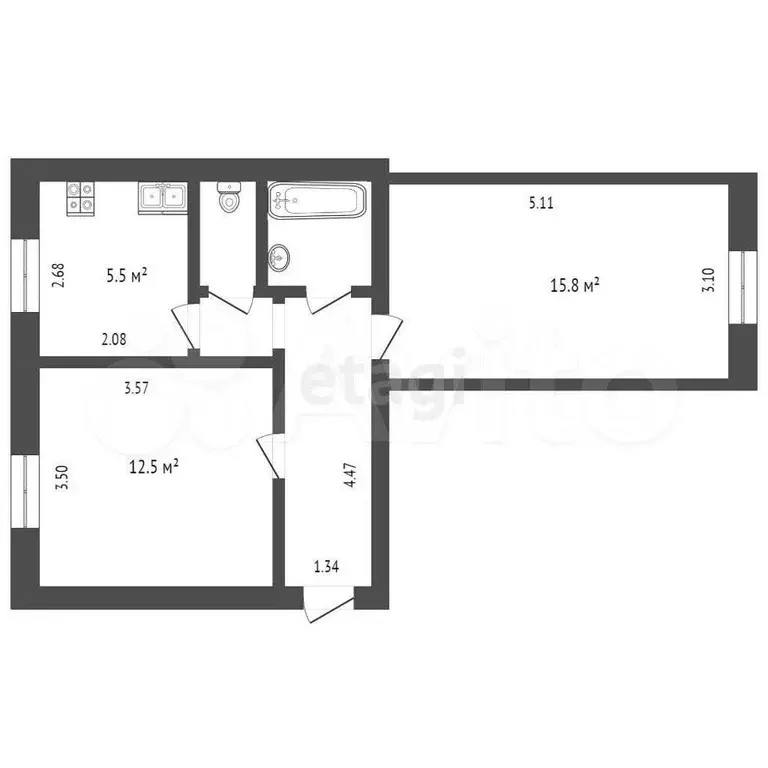 2-к. квартира, 45,2 м, 2/4 эт. - Фото 1