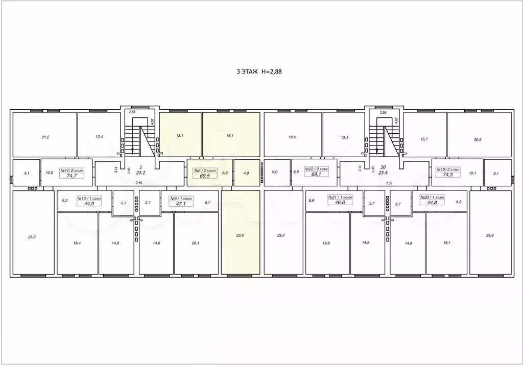 2-к. квартира, 69,5 м, 3/3 эт. - Фото 1