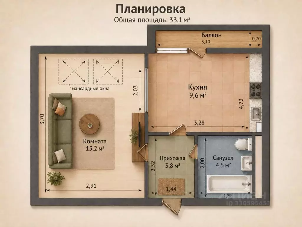 1-к кв. Калининградская область, Калининград ул. Толбухина, 10 (33.1 ... - Фото 1