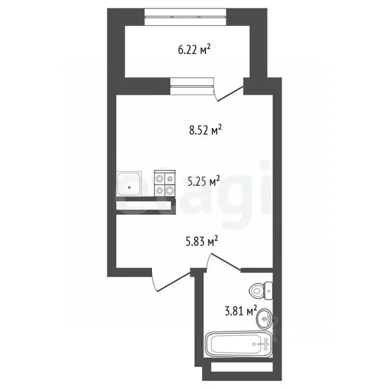Студия Тюменская область, Тюмень ул. Тимофея Кармацкого, 17 (26.5 м) - Фото 2