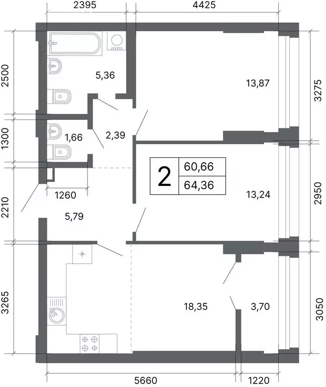 2-комнатная квартира: Екатеринбург, улица Мира, 47/7 (63.9 м) - Фото 1