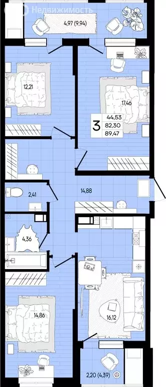 3-комнатная квартира: Краснодар (89.47 м) - Фото 0