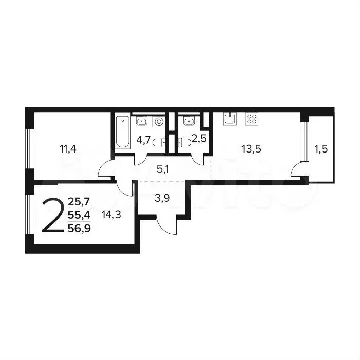2-к. квартира, 56,9 м, 6/9 эт. - Фото 0
