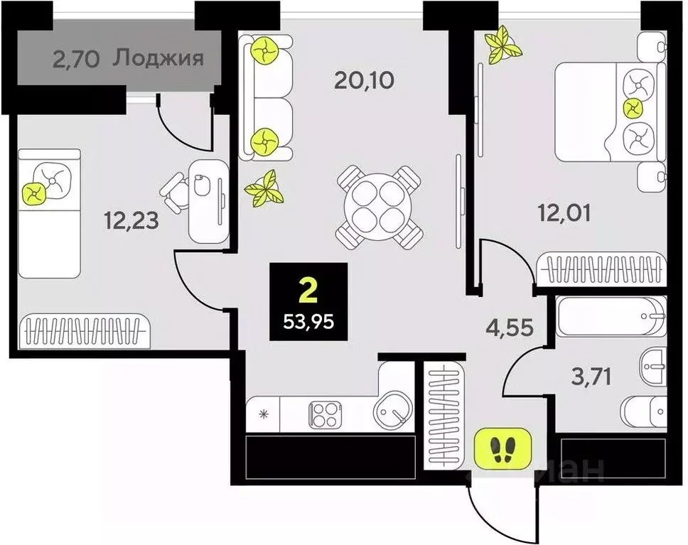 2-к кв. Тюменская область, Тюмень ул. Андрея Приказнова, 1 (53.95 м) - Фото 0