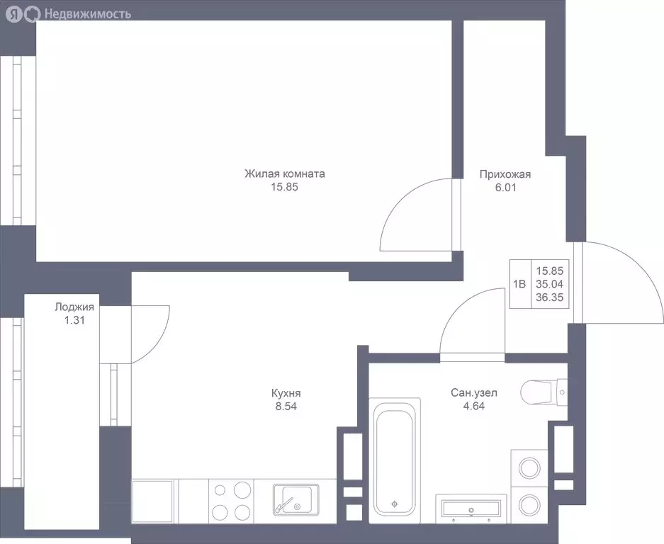 1-комнатная квартира: Казань, ЖК Мой Ритм (36.35 м) - Фото 1