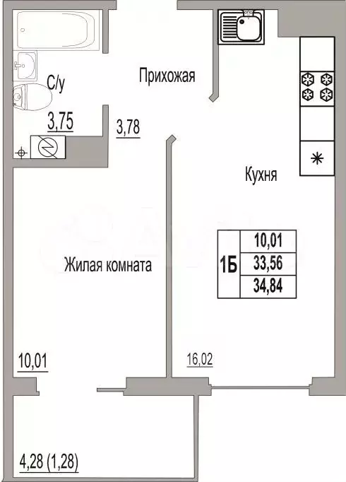 1-к. квартира, 34,8 м, 2/9 эт. - Фото 0