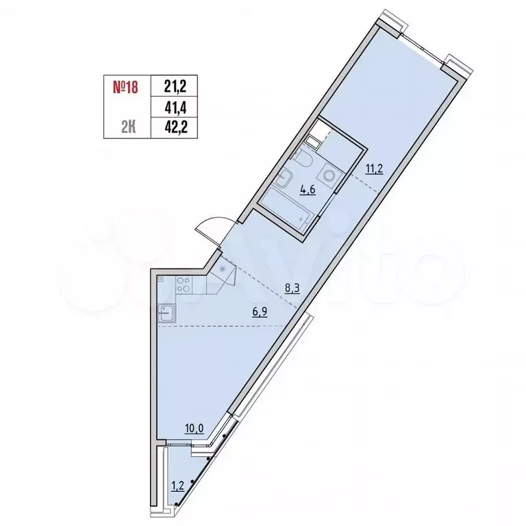 2-к. квартира, 42,2 м, 4/9 эт. - Фото 0