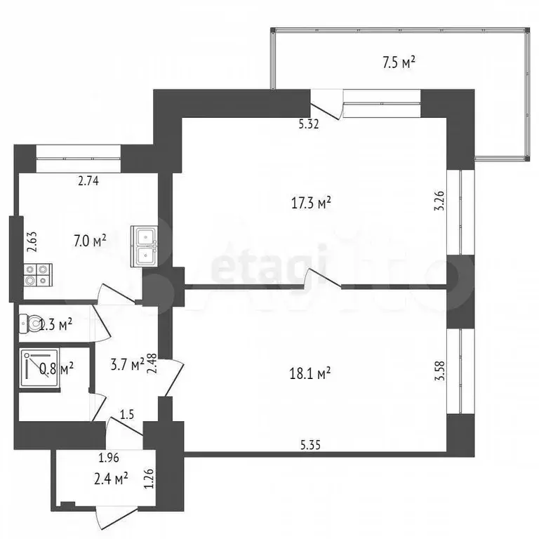 2-к. квартира, 51,4 м, 4/6 эт. - Фото 0