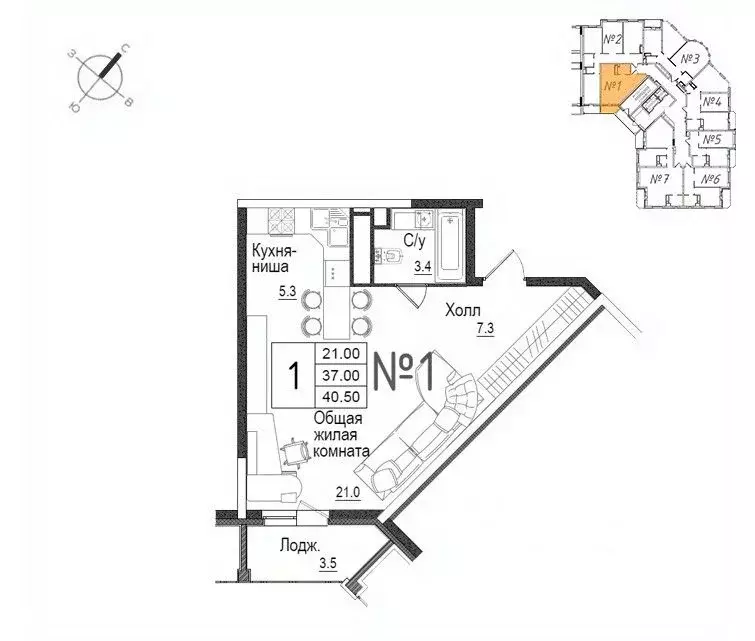 Студия Московская область, Наро-Фоминск ул. Новикова, 20/1 (37.3 м) - Фото 1