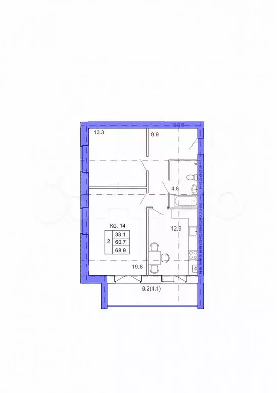 2-к. квартира, 69 м, 4/4 эт. - Фото 1