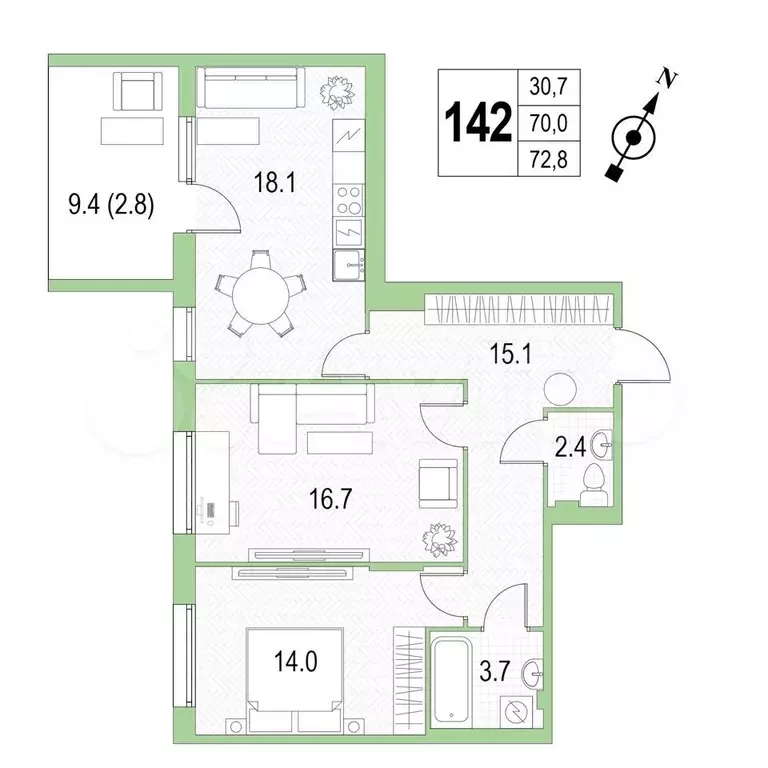 2-к. квартира, 72,8 м, 3/4 эт. - Фото 0