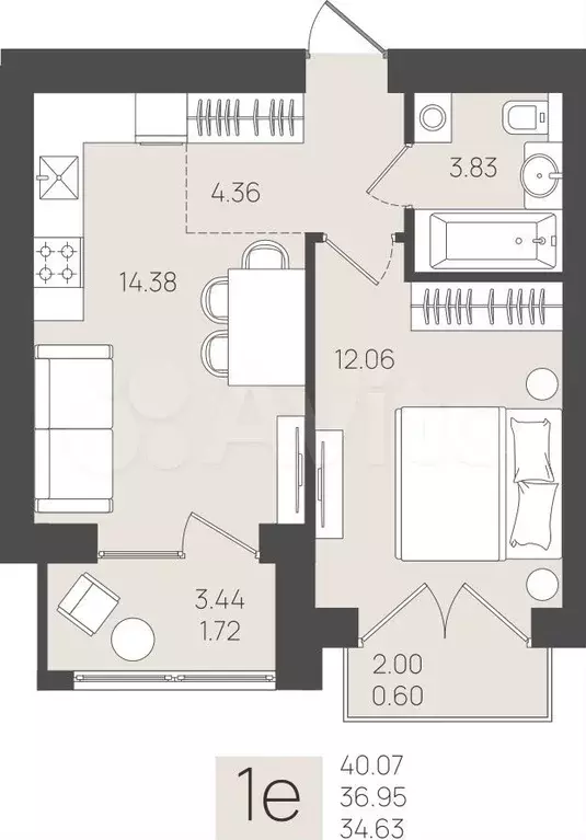 1-к. квартира, 36,4 м, 5/5 эт. - Фото 1