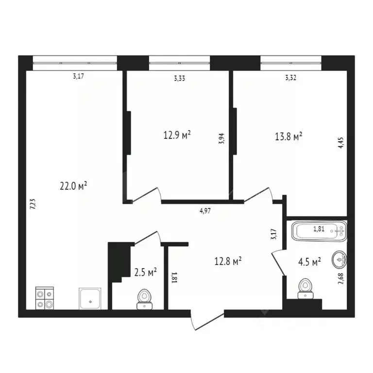2-к кв. Тюменская область, Тюмень ул. 50 лет Октября, 57В (68.5 м) - Фото 2