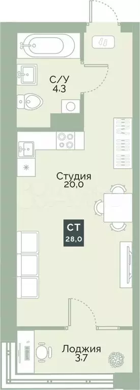 квартира-студия, 28 м, 1/12 эт. - Фото 0