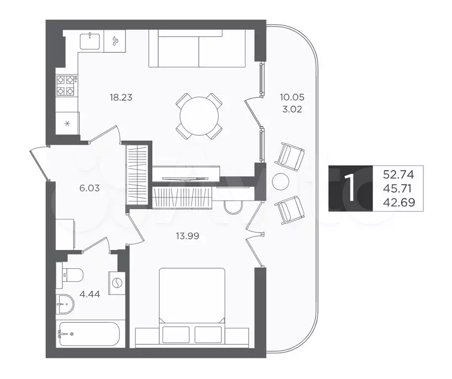 1-к. квартира, 45,7 м, 3/4 эт. - Фото 1