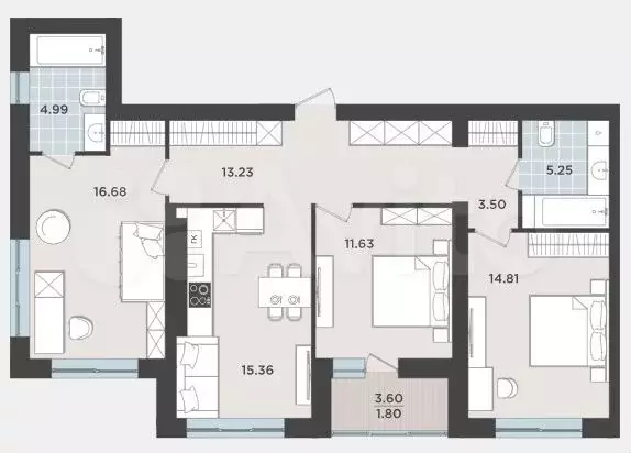 3-к. квартира, 89,1 м, 1/9 эт. - Фото 1