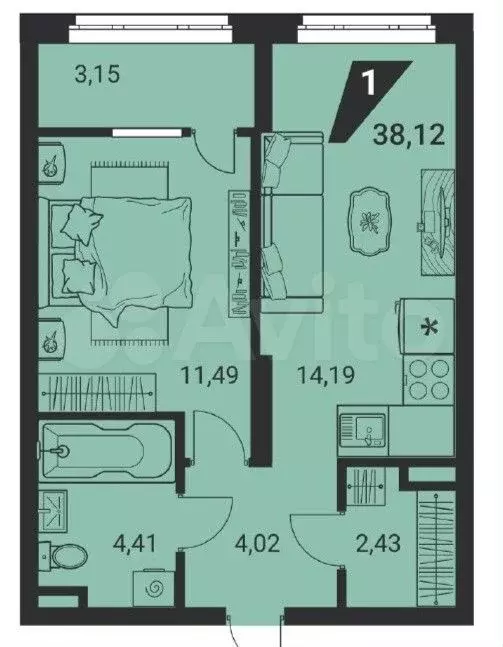 1-к. квартира, 38,1м, 11/12эт. - Фото 0