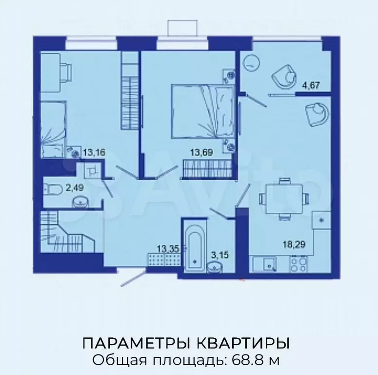 2-к. квартира, 68,8 м, 8/16 эт. - Фото 1