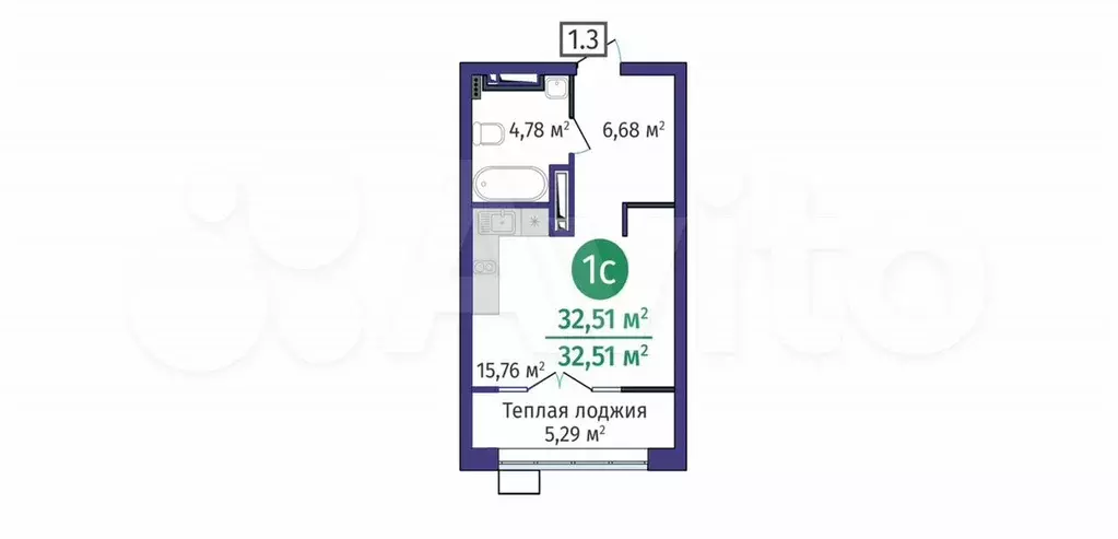 Квартира-студия, 33 м, 3/24 эт. - Фото 1