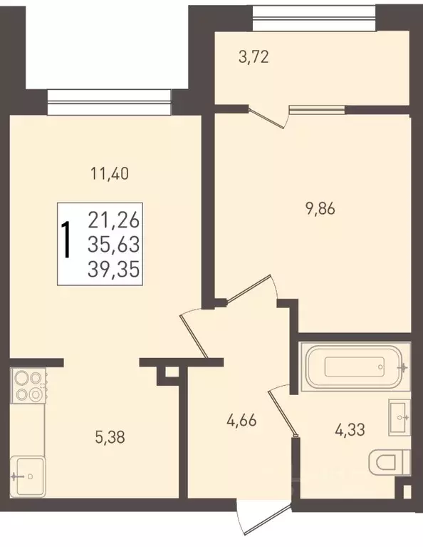 1-к кв. Краснодарский край, Краснодар Югге жилой комплекс (39.35 м) - Фото 1