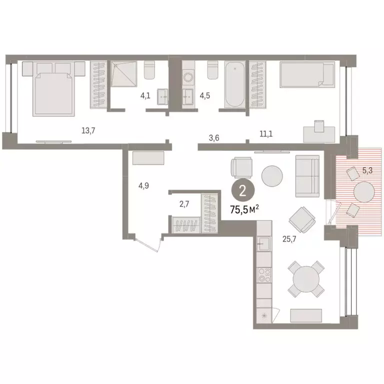 2-комнатная квартира: Тюмень, улица Муравленко, 9/2 (75.48 м) - Фото 1