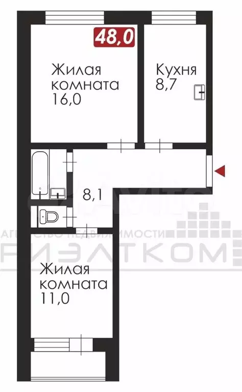 2-к. квартира, 48 м, 5/5 эт. - Фото 0