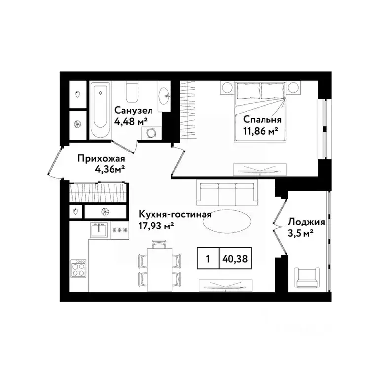 1-к кв. Тульская область, Тула ул. Седова, 26к1 (44.5 м) - Фото 0