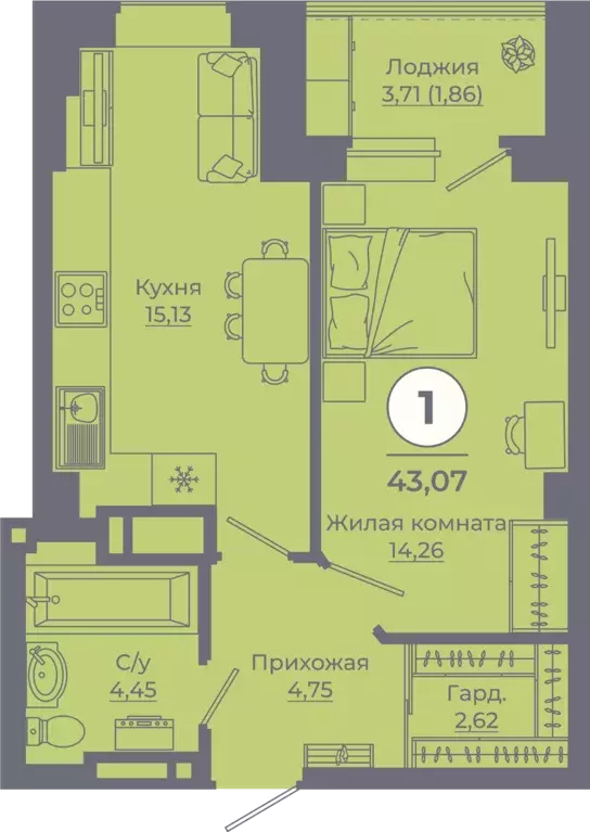 1-к квартира, 43.2 м - Фото 0