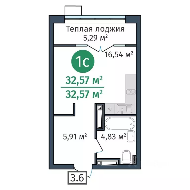 Студия Тюменская область, Тюмень ул. Краснооктябрьская, 12 (32.57 м) - Фото 1