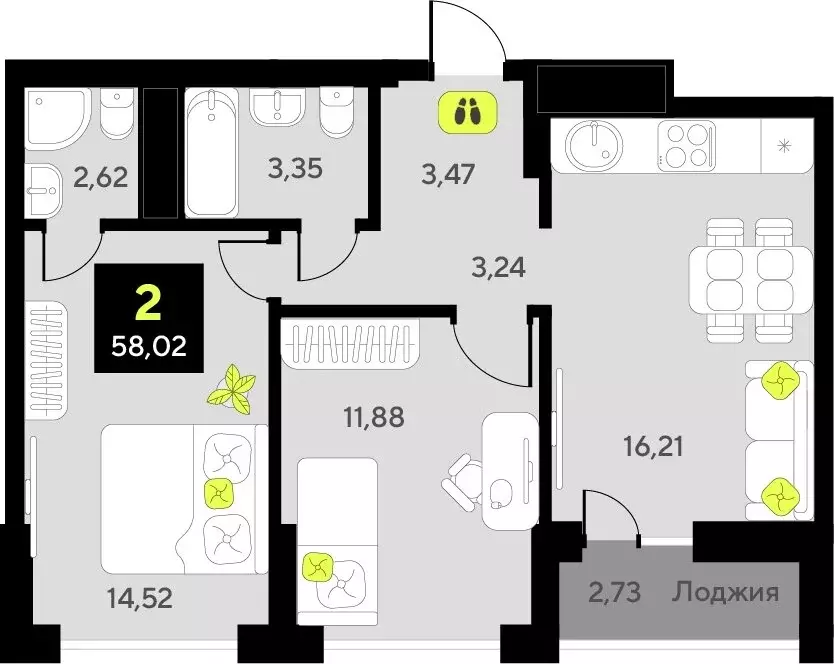2-комнатная квартира: Тюмень, улица Пожарных и Спасателей, 8 (58.02 м) - Фото 0