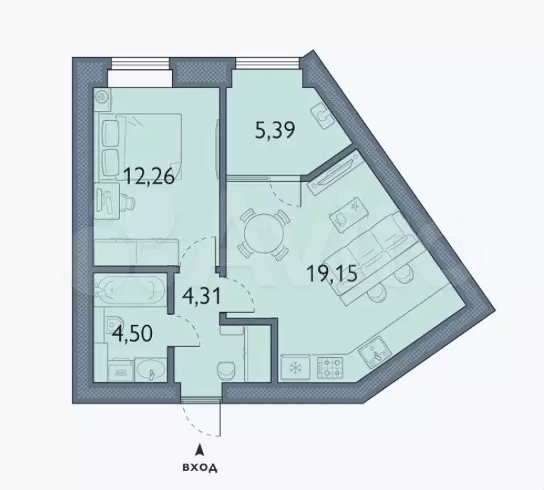 1-к. квартира, 45,6 м, 1/6 эт. - Фото 1