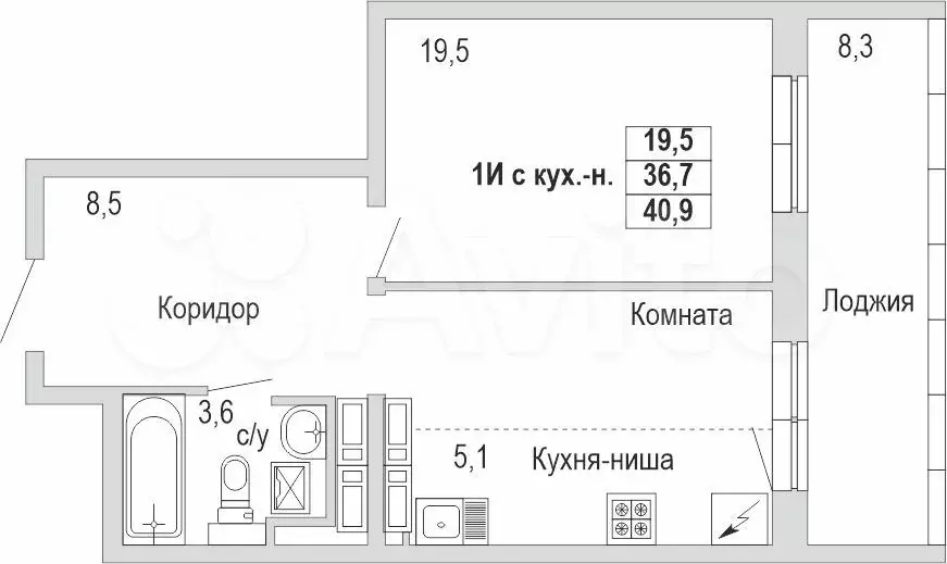 Квартира-студия, 40,9 м, 6/18 эт. - Фото 1