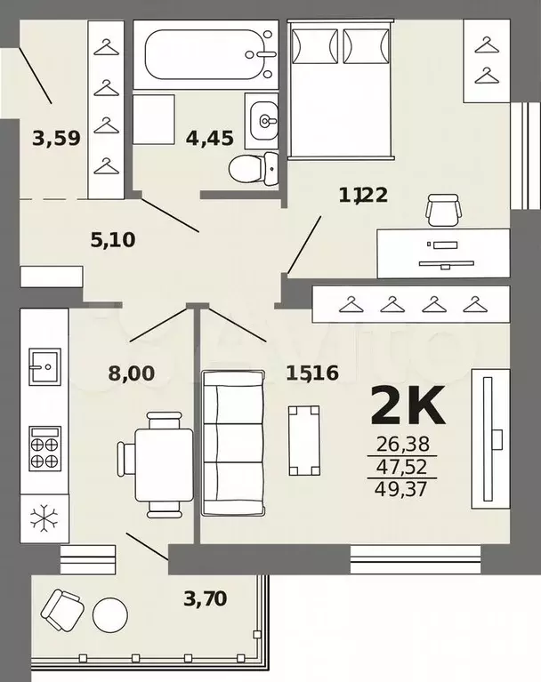 2-к. квартира, 49,4 м, 2/8 эт. - Фото 0