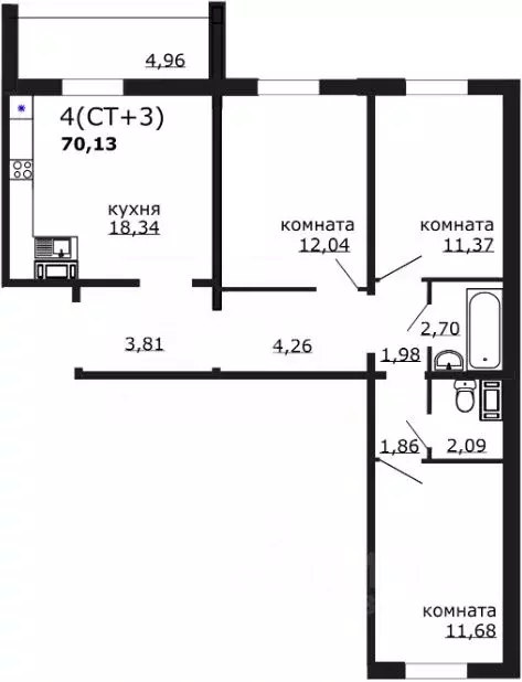4-к кв. Челябинская область, Челябинск ул. Лобырина, 9 (70.13 м) - Фото 2