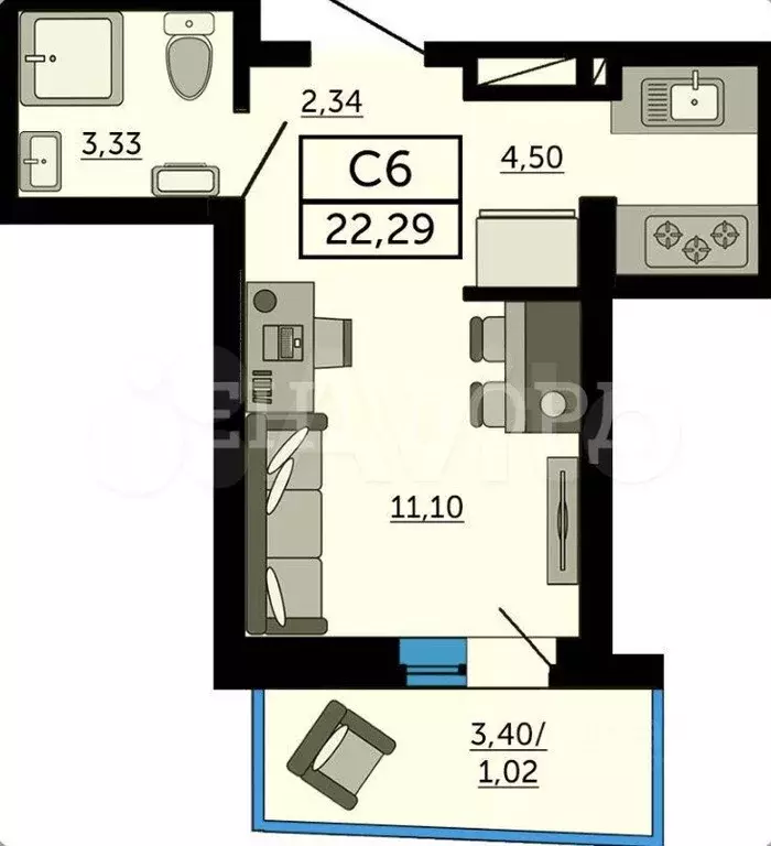 Квартира-студия, 22,3 м, 7/21 эт. - Фото 0
