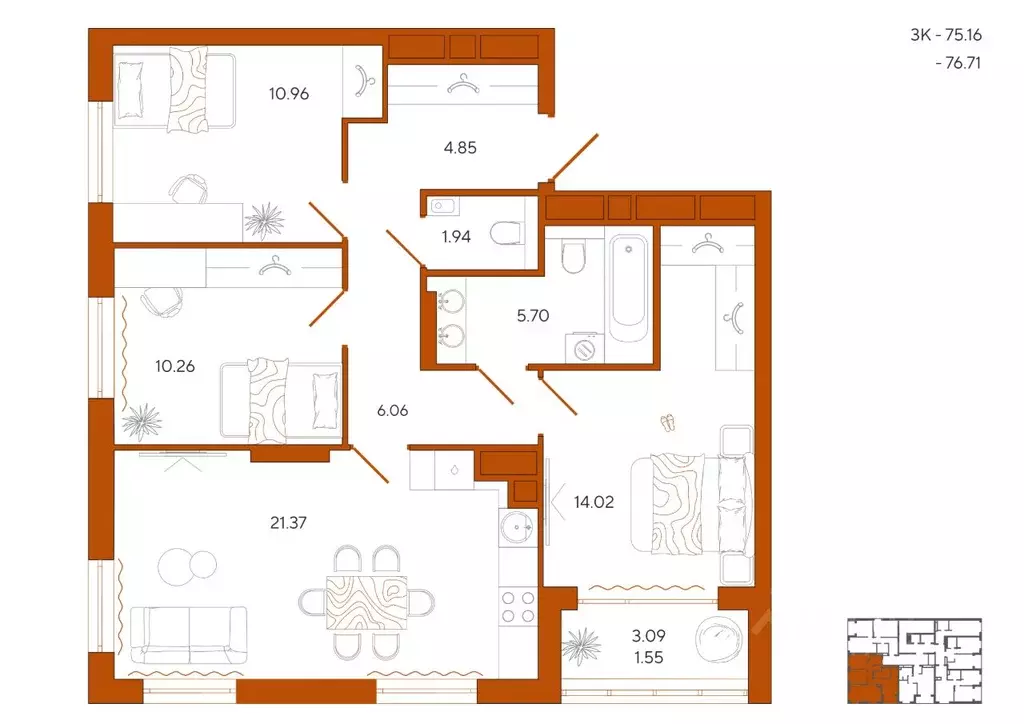 3-к кв. Пензенская область, Пенза Терра жилой комплекс (76.71 м) - Фото 1