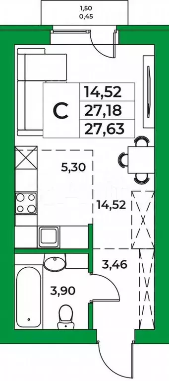 1-к. квартира, 27,6 м, 7/9 эт. - Фото 0