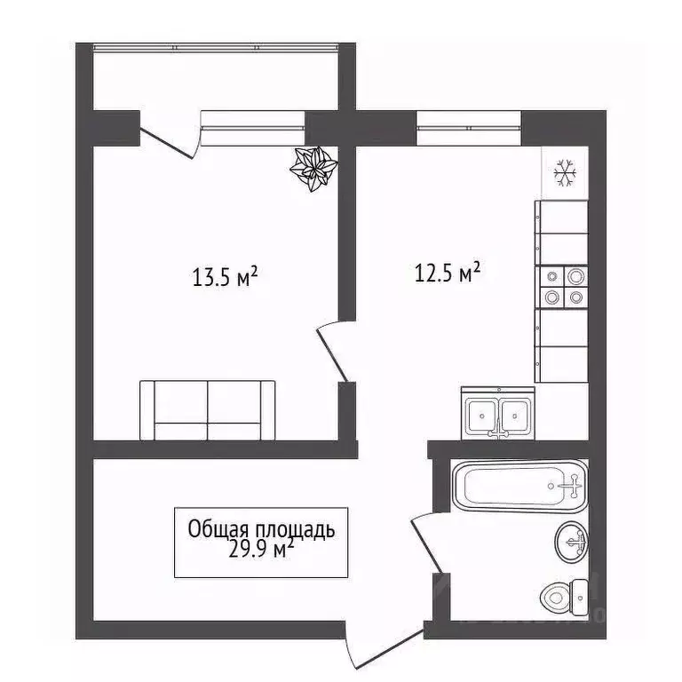 1-к кв. Новосибирская область, Новосибирск ул. Одоевского, 1/11 (29.9 ... - Фото 2