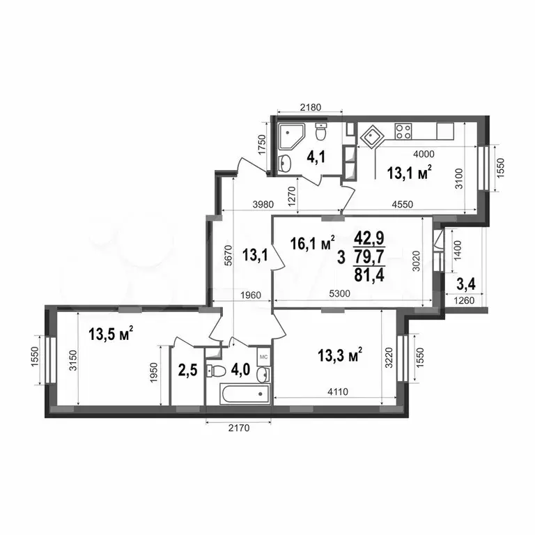3-к. квартира, 81,4 м, 2/17 эт. - Фото 0