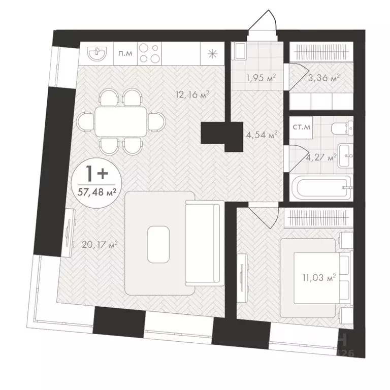 1-к кв. Башкортостан, Уфа Южный-2 мкр,  (57.48 м) - Фото 1