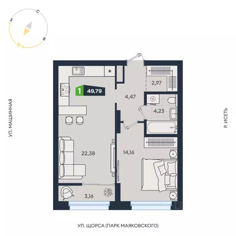 1-к кв. Свердловская область, Екатеринбург ул. Машинная, 1В/4 (49.79 ... - Фото 1