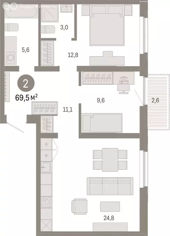 2-комнатная квартира: Тюмень, Мысовская улица, 26к2 (69.5 м) - Фото 1