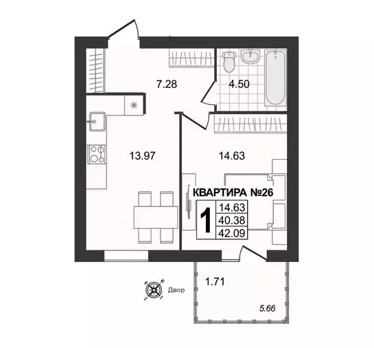 1-комнатная квартира: Муром, 3-я Новослободская улица (42.09 м) - Фото 0