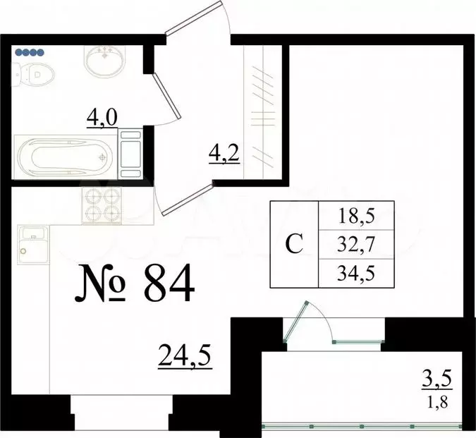 Квартира-студия, 34,5м, 2/8эт. - Фото 0