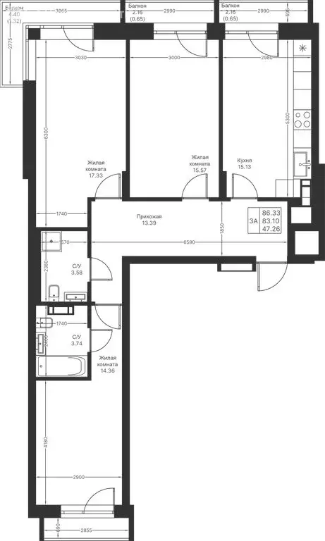 3-комнатная квартира: Казань, ЖК Мой Ритм (86.33 м) - Фото 1