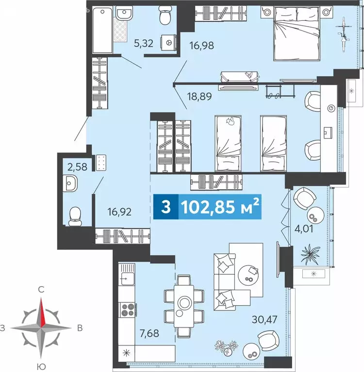 3-комнатная квартира: Засечное, Прибрежный бульвар, 5 (102.85 м) - Фото 1