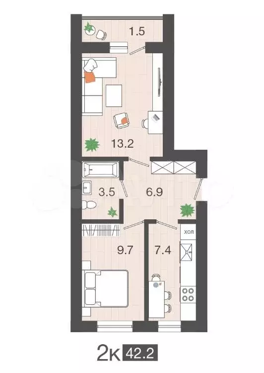 2-к. квартира, 42,2 м, 3/4 эт. - Фото 1