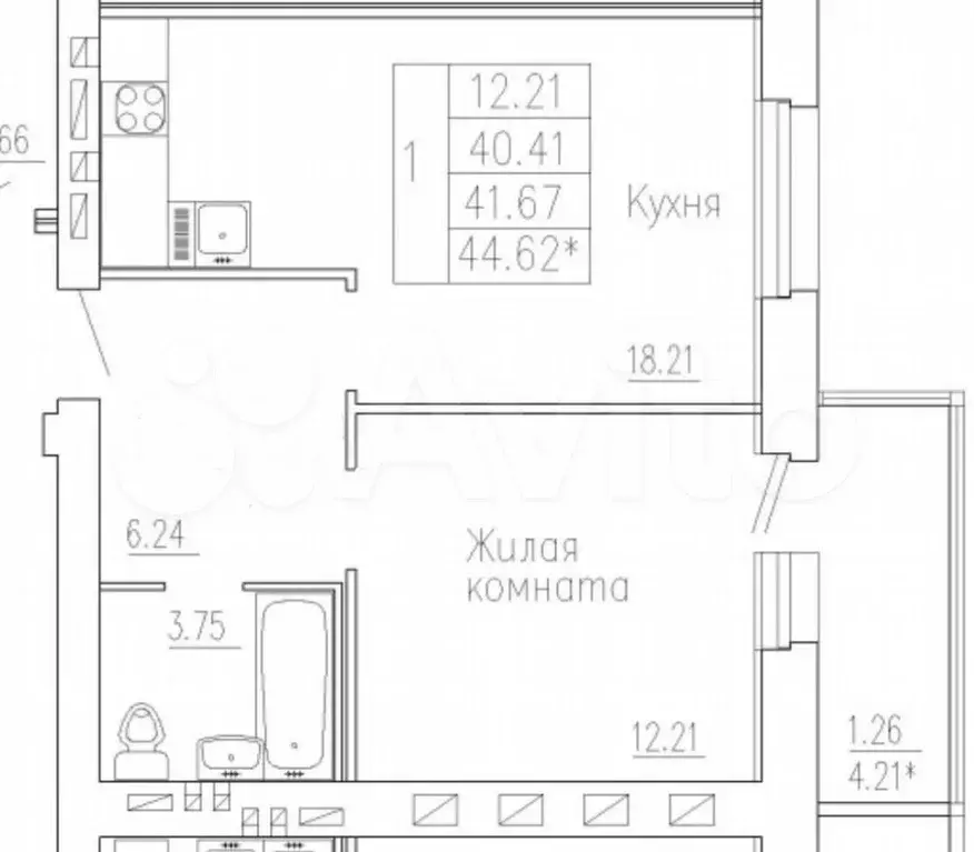 1-к. квартира, 40 м, 9/10 эт. - Фото 0