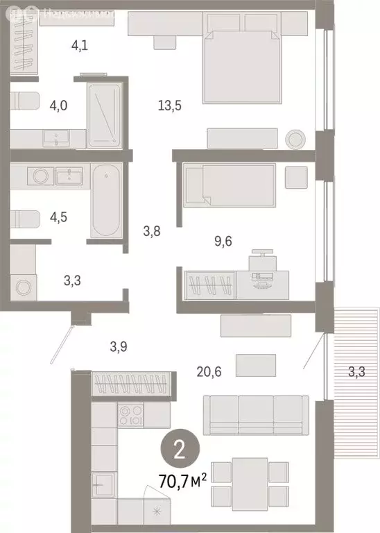 2-комнатная квартира: Новосибирск, Большевистская улица, с49 (70.67 м) - Фото 1